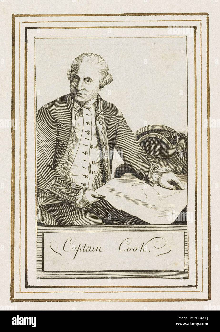 Gravurportrait von Kapitän James Cook. Captain James Cook FRS (1728 – 1779) war ein britischer Entdecker, Navigator, Kartograph und Kapitän in der "brücke" Stockfoto