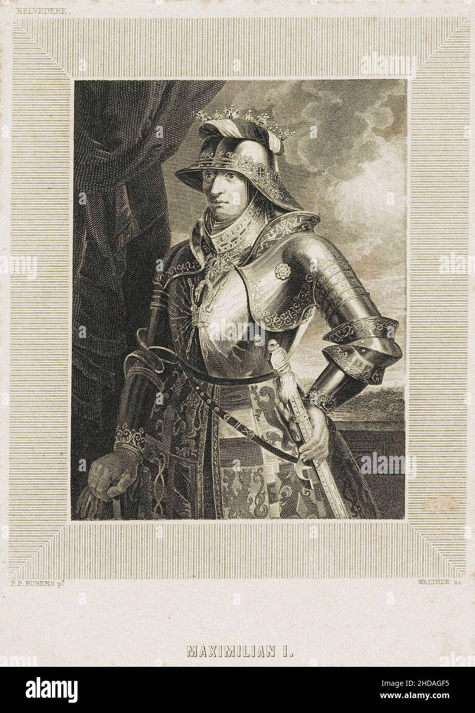 Mittelalterliche Zeichnung von Pierre Paul Rubens: Maximilian I., Heiliger römischer Kaiser Maximilian I. (1459 – 1519) war ab 1486 König der Römer und Heiliger römischer EM Stockfoto