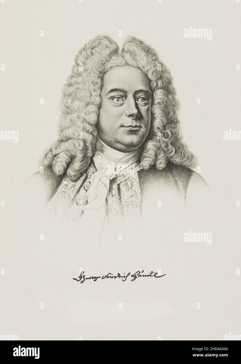 Gravurportrait von George Friedrich Händel. George Frideric Händel (Georg Friederich Händel, 1685 – 1759) war ein deutsch-britischer Barockkomponist We Stockfoto