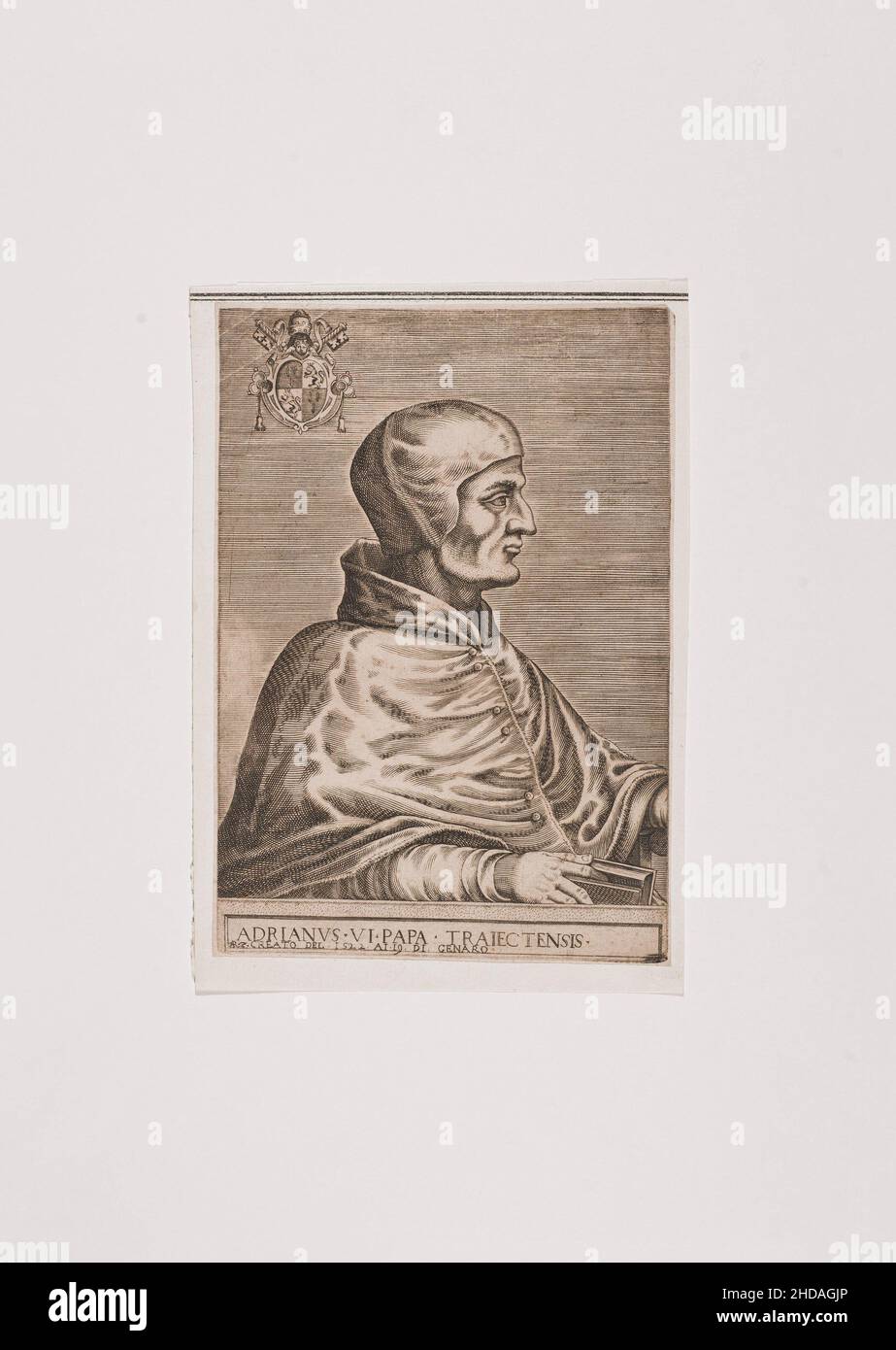 Das Kupferstich-Porträt von Papst Adrian VI. Aus dem 16th. Jahrhundert Papst Adrian VI. (Lateinisch: Hadrianus VI.; niederländisch: Adrianus/Adriaan VI.), geboren Adriaan Florensz Boeyens Stockfoto