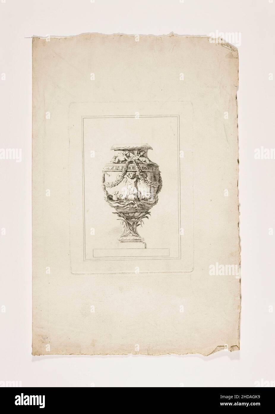 Der 17th. Jahrhundert Wachsmalstift Manner Druck von antiker Vase mit Putti Stockfoto