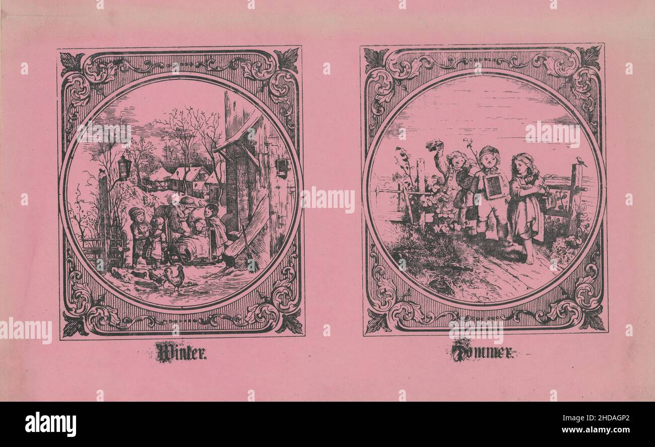 Vintage German School Book Covers, 1850 Jahreszeiten: Winter und Sommer. Deutschland und deutsche Kinder des 19th. Jahrhunderts Stockfoto