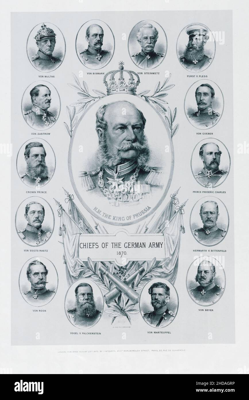 Vintage britischer Stich der Chefs der deutschen Armee von 1870. 1870 Wilhelm I., König von Preußen, von Moltke, von Bismark, von Steinmetz, Furst von Ples Stockfoto