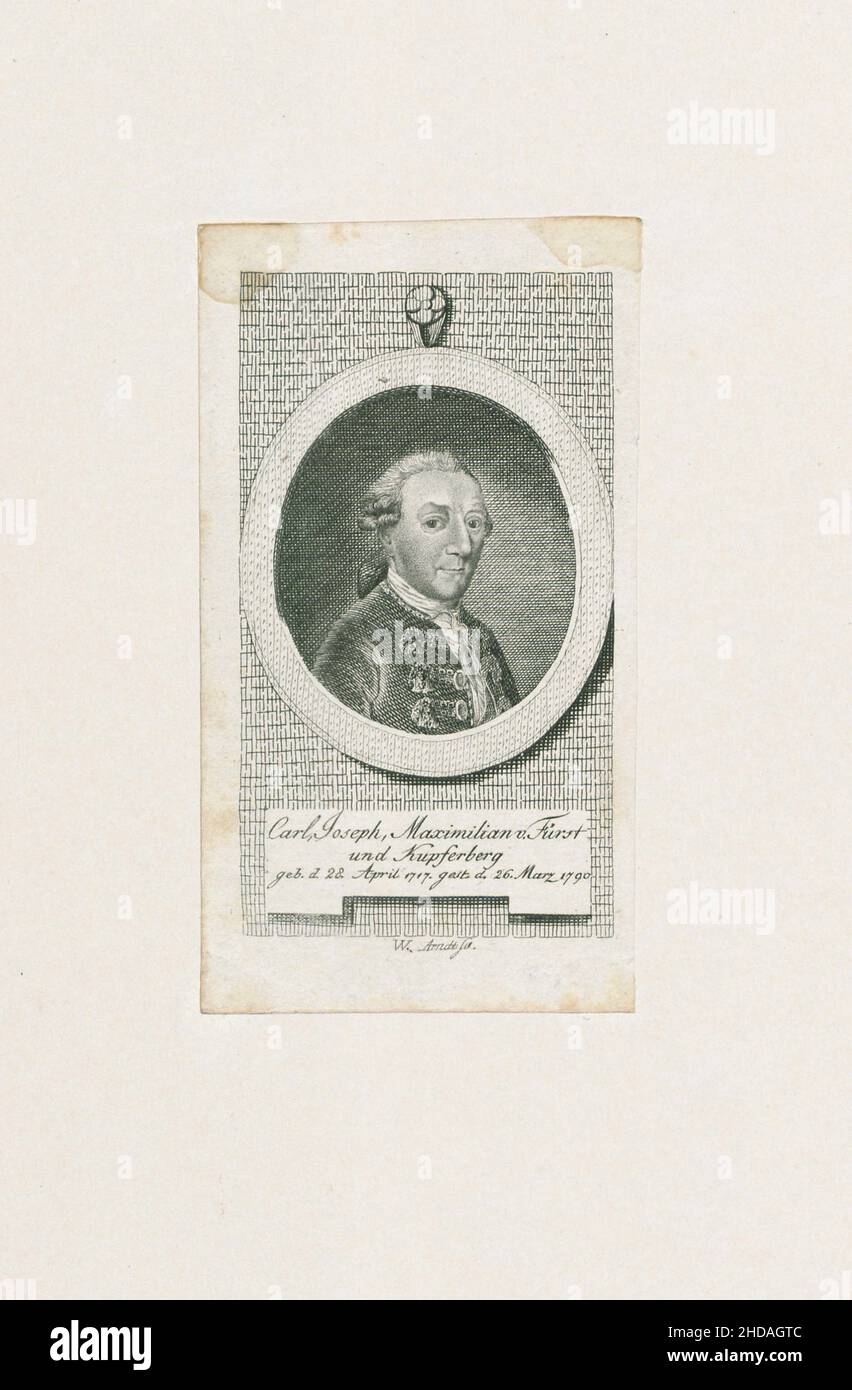 Kupferstich-Porträt von Carl Maximilian von Fürst und Kupferberg. 1790 Carl Joseph Maximilian von Fürst und Kupferberg (1717 - 1790) war königliches Preußen Stockfoto