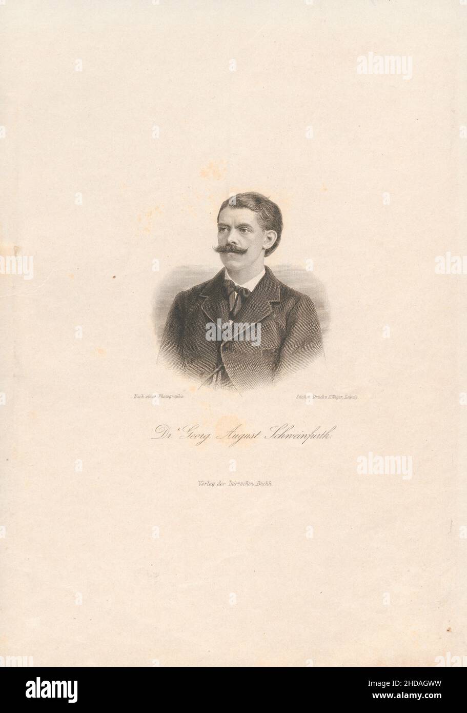 Kupferstich-Porträt von Georg August Schweinfurth. 1875 Georg August Schweinfurth (1836 – 1925) war ein baltisch-deutscher Botaniker und Ethnologe, Who explor Stockfoto
