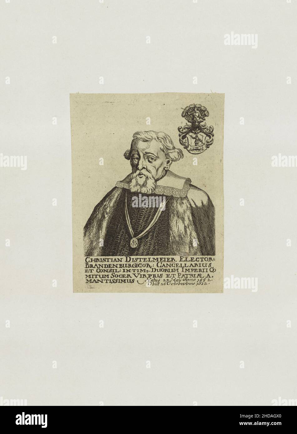 Porträt von Christian Distelmeyer. 1671 Christian Distelmeyer (auch Christian Distelmeier; 1552 - 1612) war ab 15 Kanzler der Mark Brandenburg Stockfoto