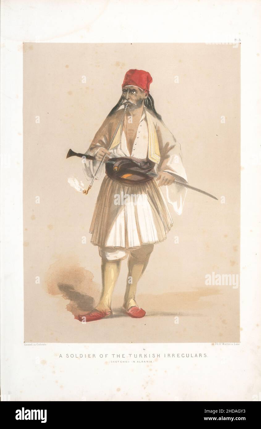 Vintage-Farblithographie des Osmanischen Reiches: Ein Soldat der türkischen Irregularen, skizziert in Albanien. 1854, von Forbes Mac Bean (Künstler) und Justin Sut Stockfoto