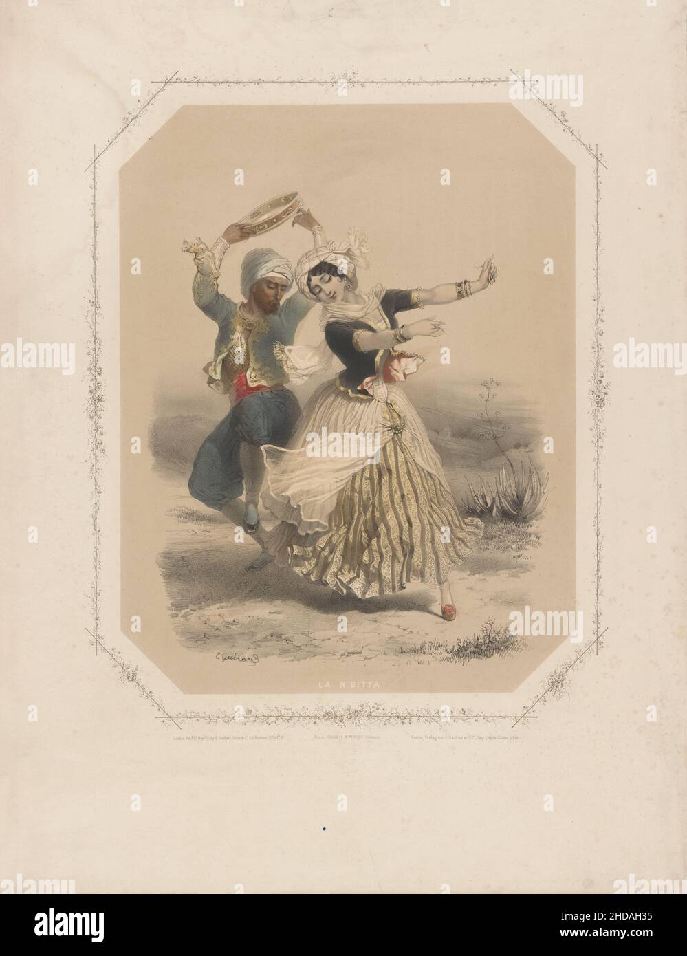 Eine alte Farblithographie, die den türkischen Volkstanz darstellt. Osmanisches Reich. Stockfoto