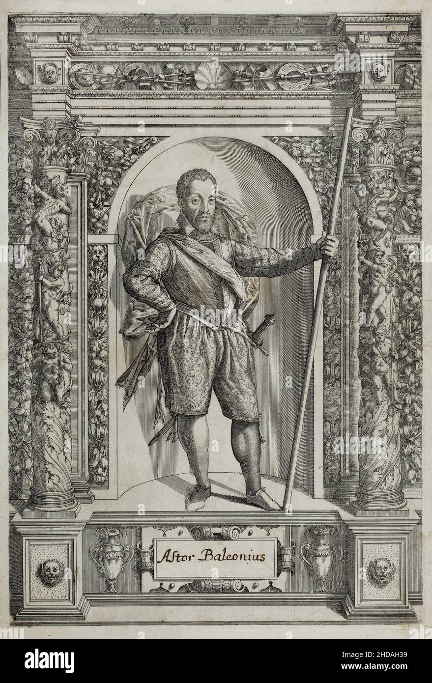 Gravurporträt von Astor Baleonius (d'Aleoni, venezianischer General). 1601 dieser Stich aus dem Buch der Waffensammlung Erzherzog Ferdinand, es wa Stockfoto