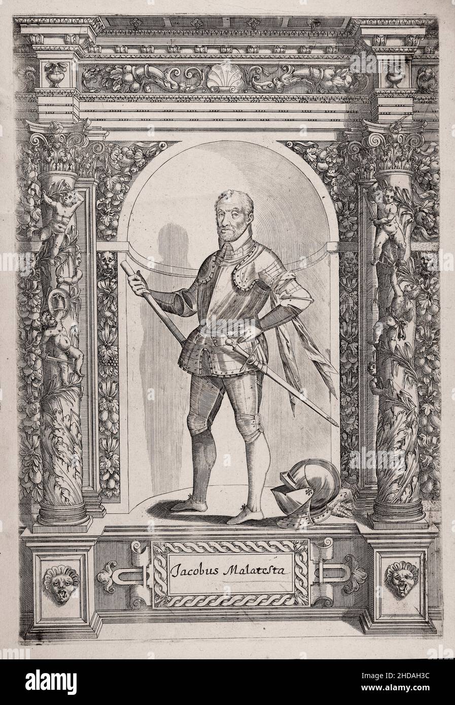 Gravurporträt von Jacobus Malatesta (Giacomo Malatesta), italienischer Condottiere. 1601 Giacomo Malatesta von Roncofreddo (1530 - 1600) war Pagenjunge von F Stockfoto