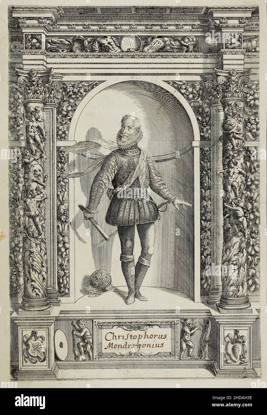 Gravurporträt von Christophorus Mondragonius. 1601 dieser Stich aus dem Buch der Waffensammlung Erzherzog Ferdinand, wurde zuerst veröffentlicht Stockfoto