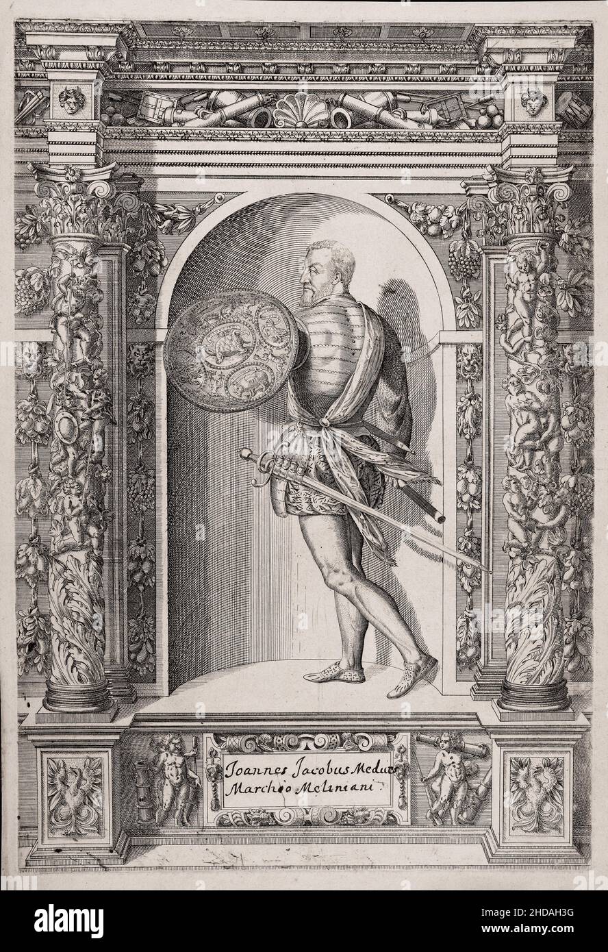 Stich von Gian Giacomo Medici. 1601 Gian Giacomo Medici (c. 1495 - 1555), auch genannt Giovanni Giacomo Medici, Il Medeghino (die kleinen Medici) oder Stockfoto