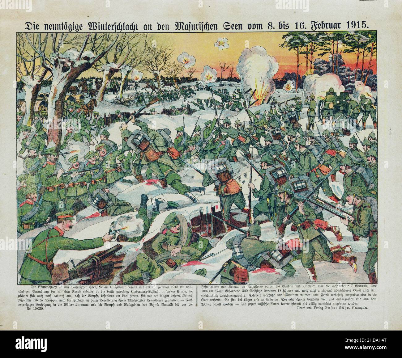 Alte deutsche Propaganda-Lithographie: Die neuntägige Winterschlacht auf den Masurischen Seen vom 8. Bis 16. Februar 1915 Stockfoto