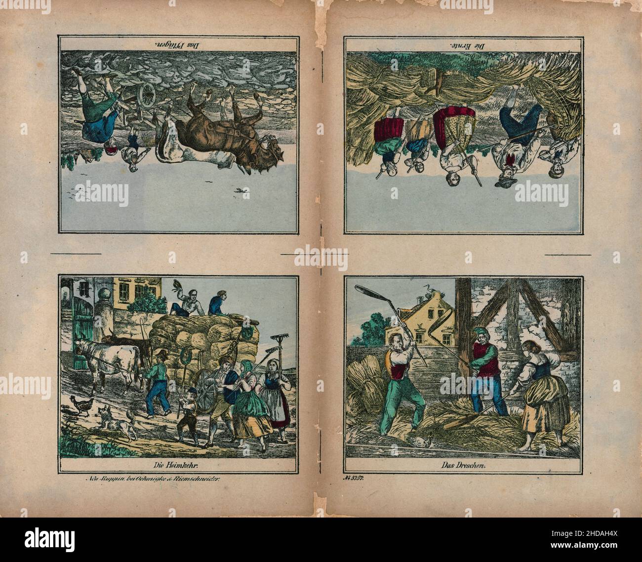 Vintage Schulbuch deckt das 19th. Jahrhundert. 1861 Szenen aus dem ländlichen Leben: Pflügen und Aussaat, Ernte, Dreschen und Heimkehr auf Heuwagen Stockfoto
