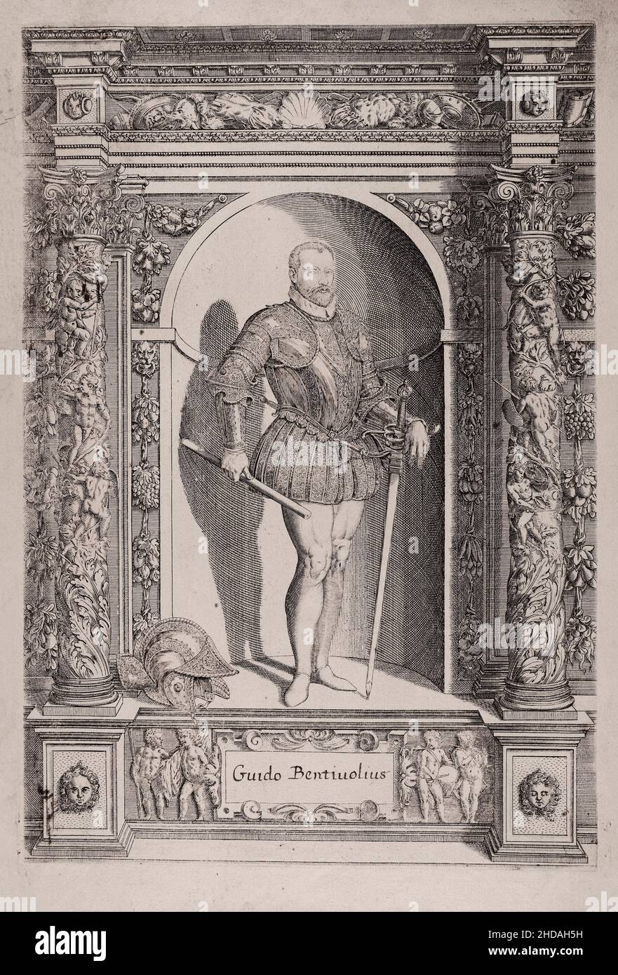 Gravurportrait von Guido Bentiuolius. 1601 dieser Stich aus dem Buch der Rüstungssammlung Erzherzog Ferdinand wurde zuerst in Innsbr Stockfoto