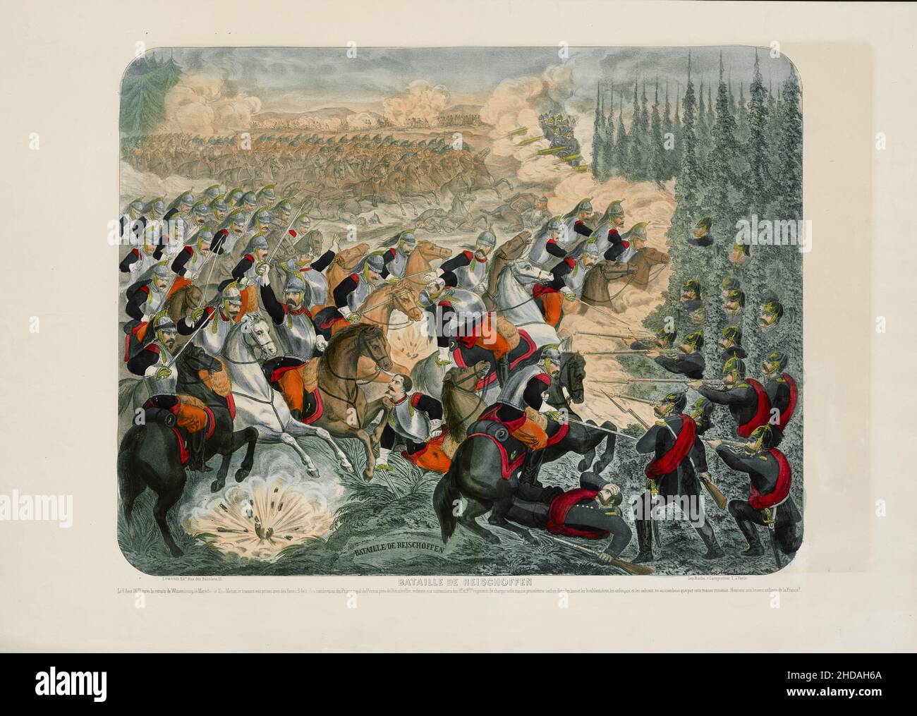 Vintage-Farblithographie: Schlacht bei Reischoffen (Schlacht von Wörth). 1870 die Schlacht von Wörth, auch bekannt als die Schlacht von Reichshoffen oder als die Schlacht Stockfoto