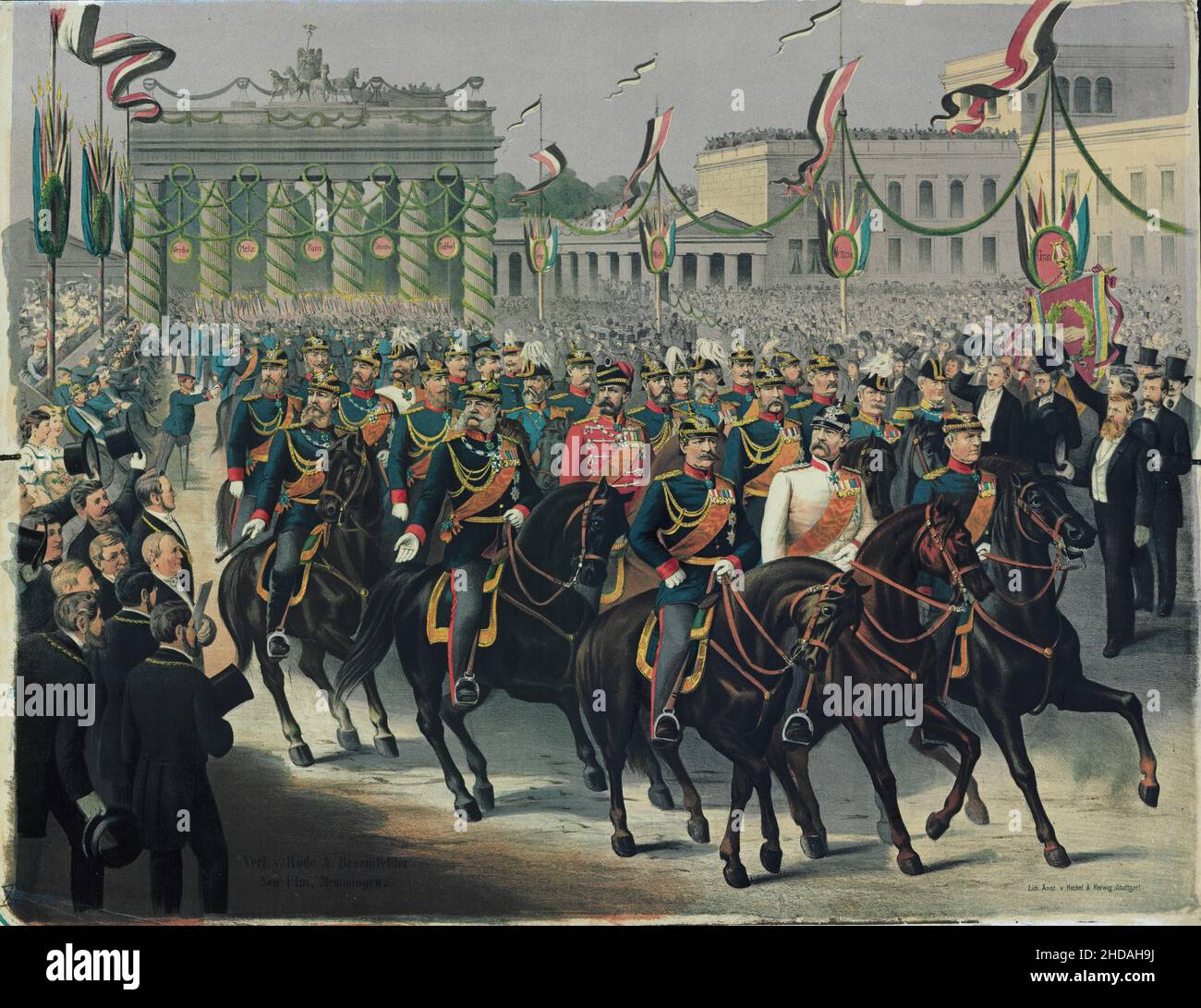 Vintage-Farblithographie des Eintritts in Berlin am 16. Juni 1871. 1871 Parade zu Ehren der Niederlage Frankreichs im französisch-preußischen Krieg. Stockfoto