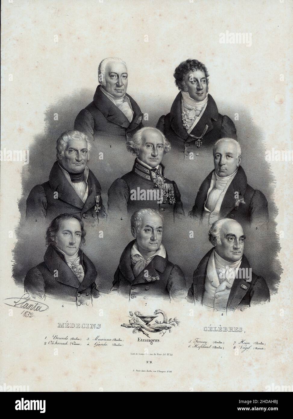 Lithographie von berühmten Ärzten des 19th. Jahrhunderts: 1. Berends (Berlin) 2. De Harrach (Vienne) 3. Mursinna (Berlin) 4. Goercke (Berlin) 5. Form Stockfoto