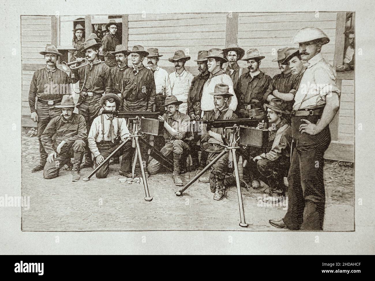 Vintage-Gravur des Spanisch-Amerikanischen Krieges: Die "Rough-Riders" von Oberst Roosevelt (1st United States Volunteer Cavalry). 1898 Die Spanisch-Amerikanische Wa Stockfoto