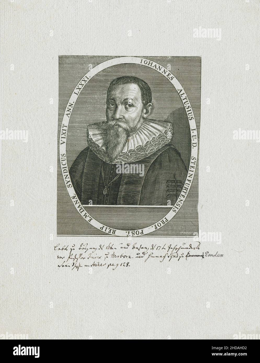 Gravurportrait von Johannes Althusius. 1652 Johannes Althusius (1557 – 1638) war ein deutscher Jurist und kalvinistischer politischer Philosoph. Stockfoto