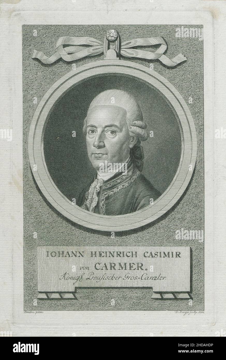 Porträt von Johann Heinrich Casimir von Carmer. 1781 Johann Heinrich Casimir Graf von Carmer (1720 - 1801) war ein preußischer Justizreformer. Stockfoto