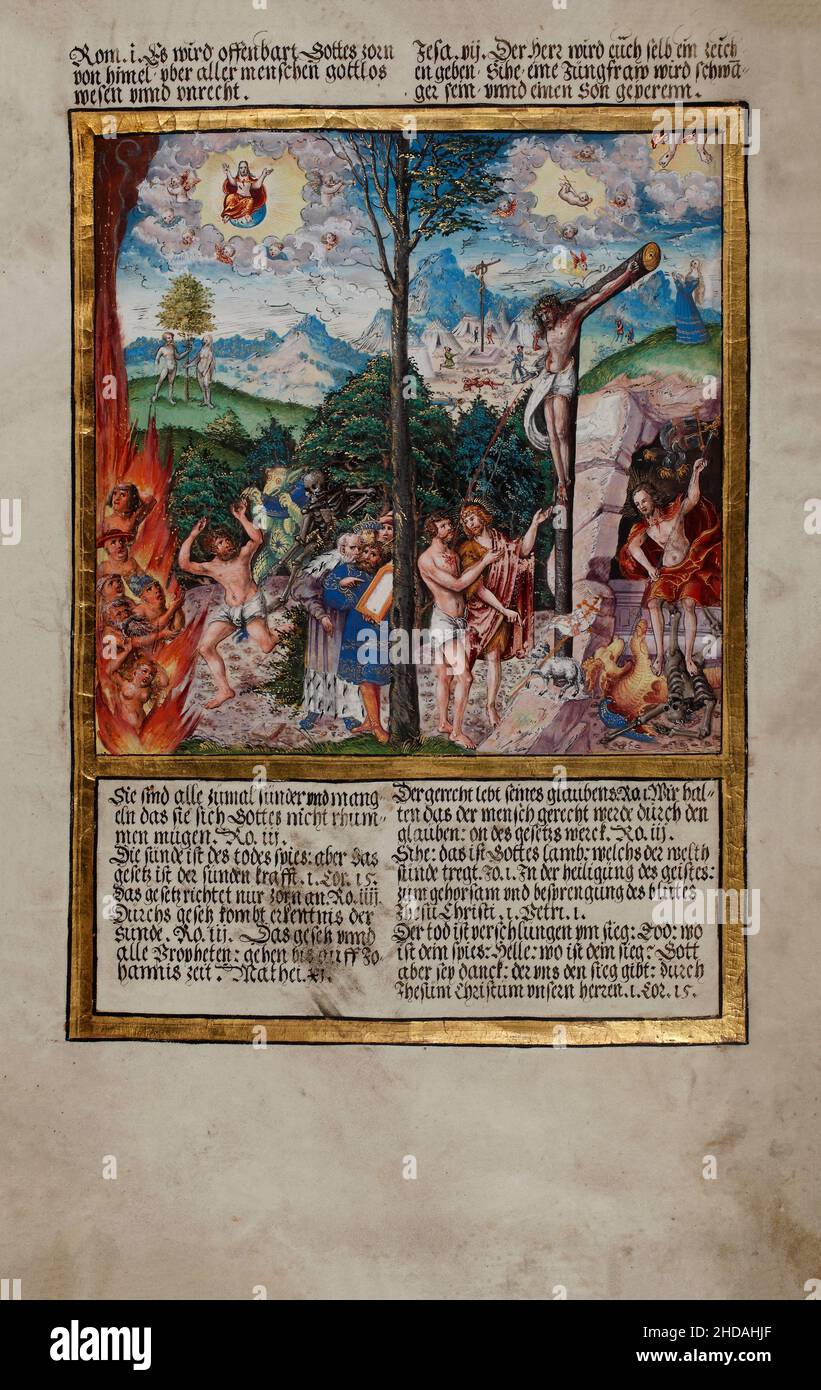 Mittelalterliche Illustration von Allegorie auf Recht und Gnade oder Gesetz und Evangelium. 1541 Stockfoto