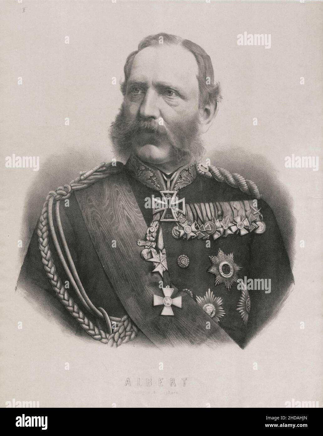Gravurporträt von Albert von Sachsen. 1880 Albert (Albrecht; 1828–1902) war König von Sachsen und Mitglied des Hauses Wettin. Stockfoto