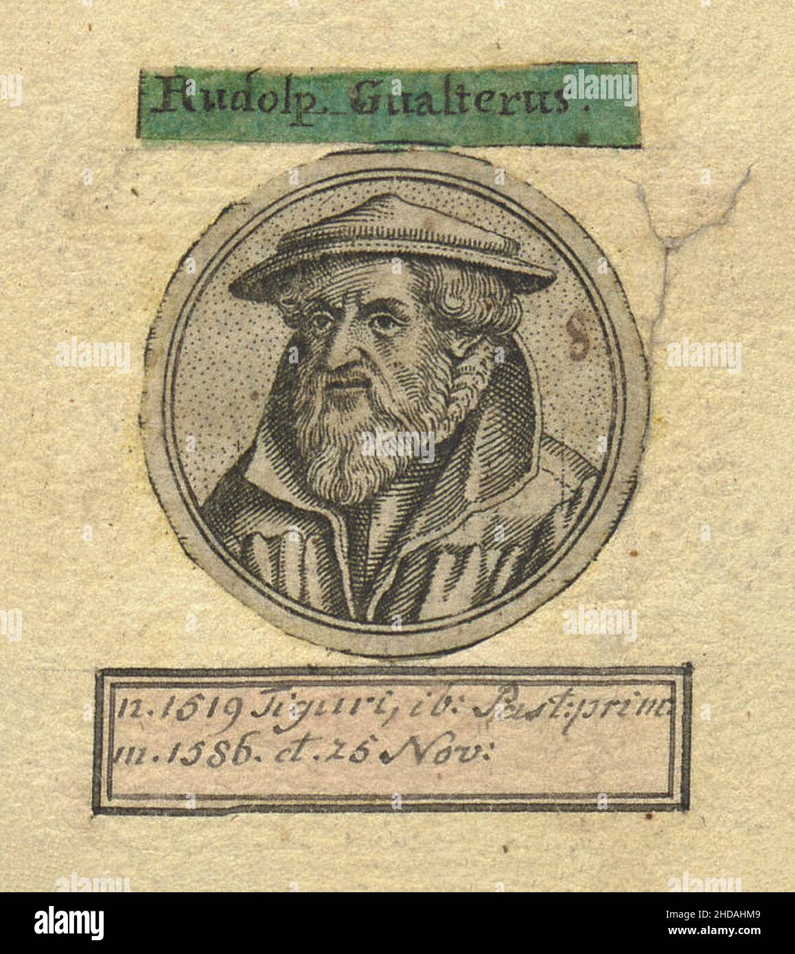 Kupferstichportrait von Rudolf Gwalther, 1600 Rudolf Gwalther (1519–1586) war ein reformierte Pfarrer und protestantischer Reformator, der die Nachfolge von Heinrich Bullinger antrat Stockfoto