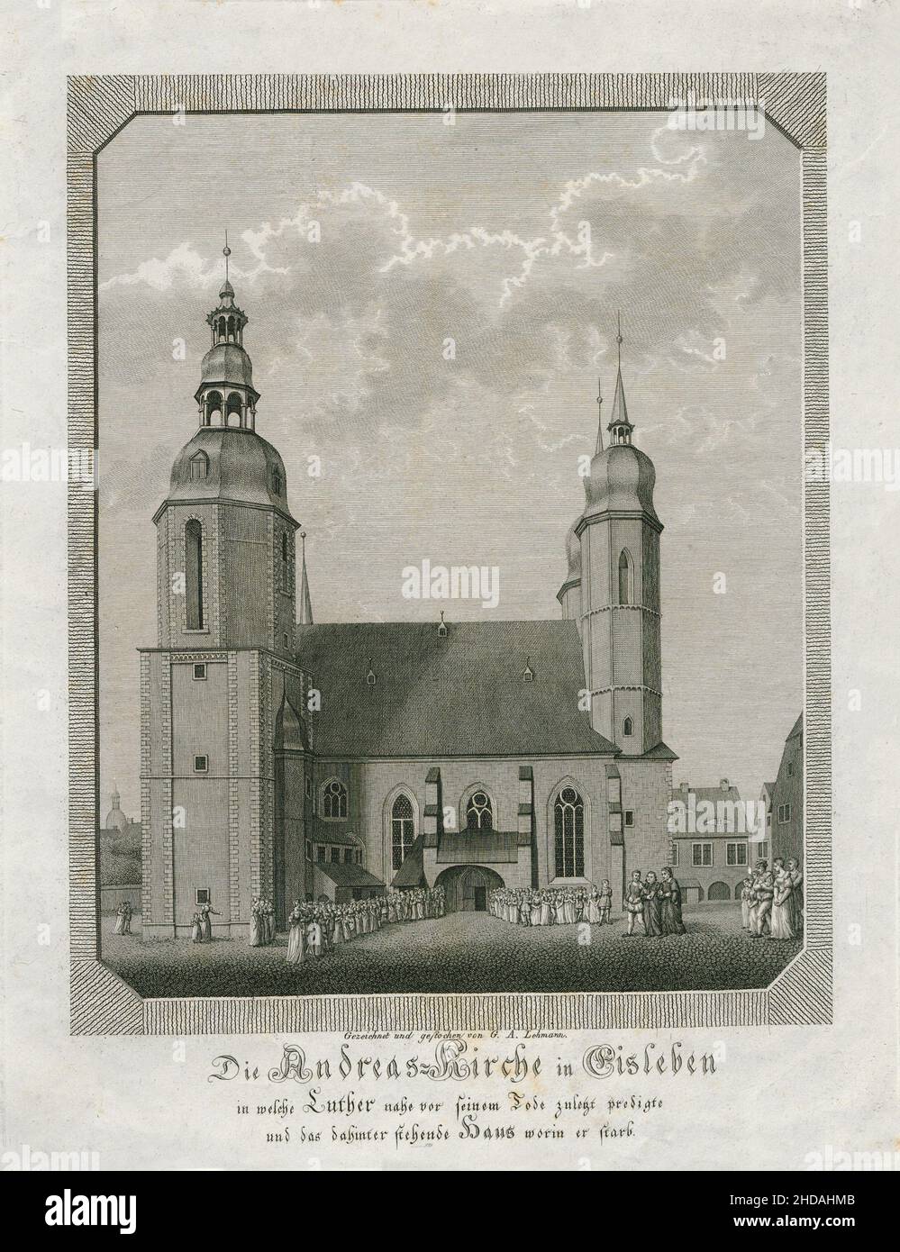 Gravur der St. Andreas-Kirche in Eisleben, zu der Luther zuletzt in der Nähe seines Todes predigte, und des Hauses dahinter, in dem er starb. 1800 Stockfoto