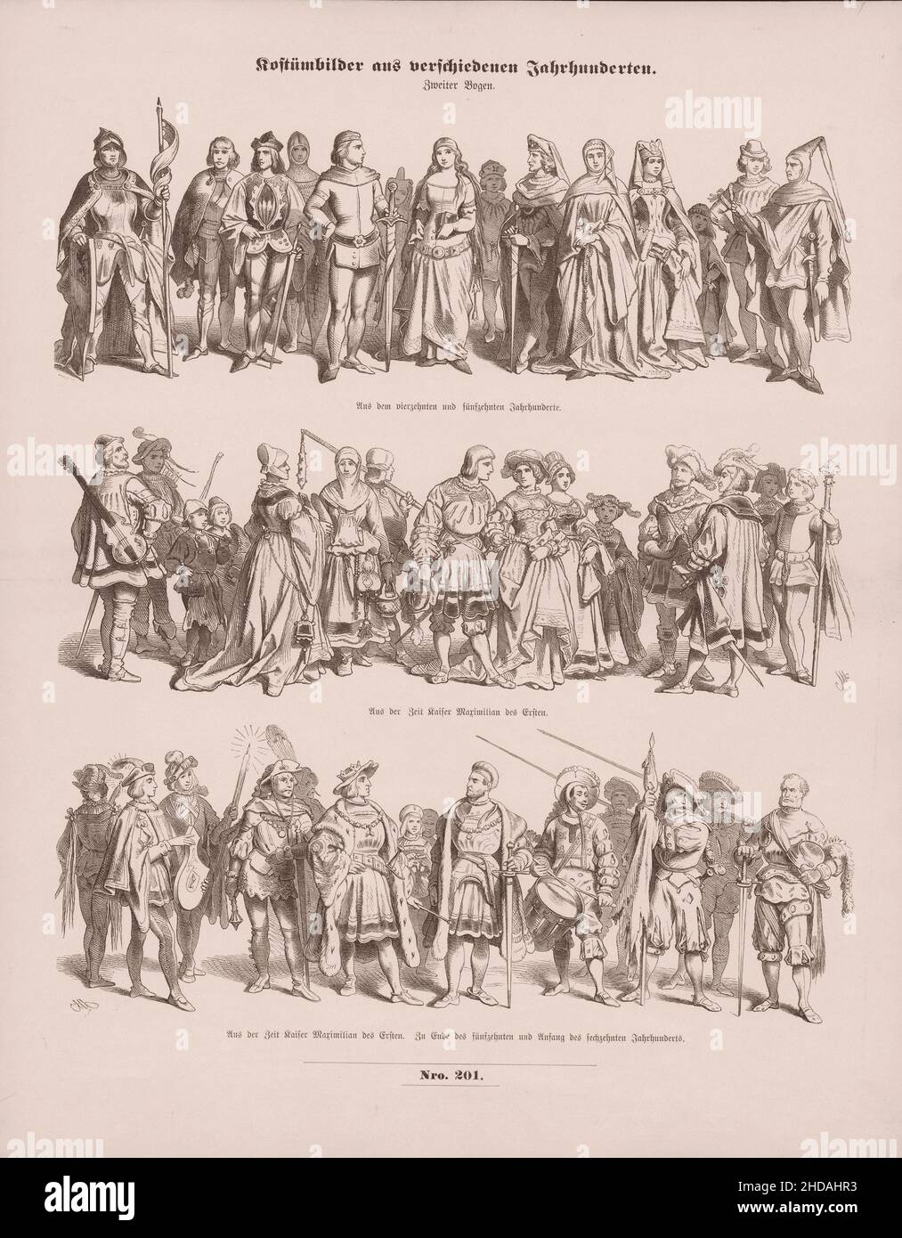 Vintage Kostümbilder aus verschiedenen Jahrhunderten (Illustrationen von mittelalterlichen Kostümen). 1856 Kostüm aus 14-15th Jahrhunderten aus der Zeit Maximilians Stockfoto