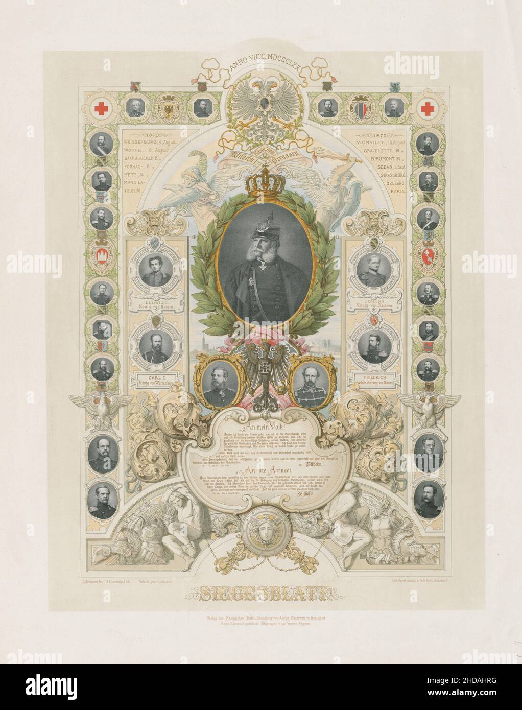 Deutsche Lithographie: Siegesblatt! 1870 Lithographie, die den Sieg Deutschlands (Preußen) im französisch-preußischen Krieg von 1870-1871 darstellt. Ludwig II. koni Stockfoto