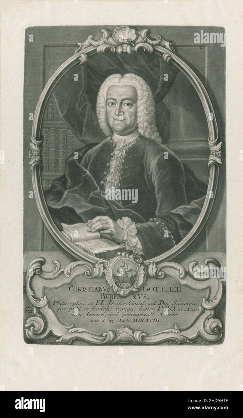 Stich von Christian Gottlieb Buder, 1748 Christian Gottlieb Buder (1693 - 1763) war ein deutscher Jurist, Historiker und Bibliothekar. Stockfoto