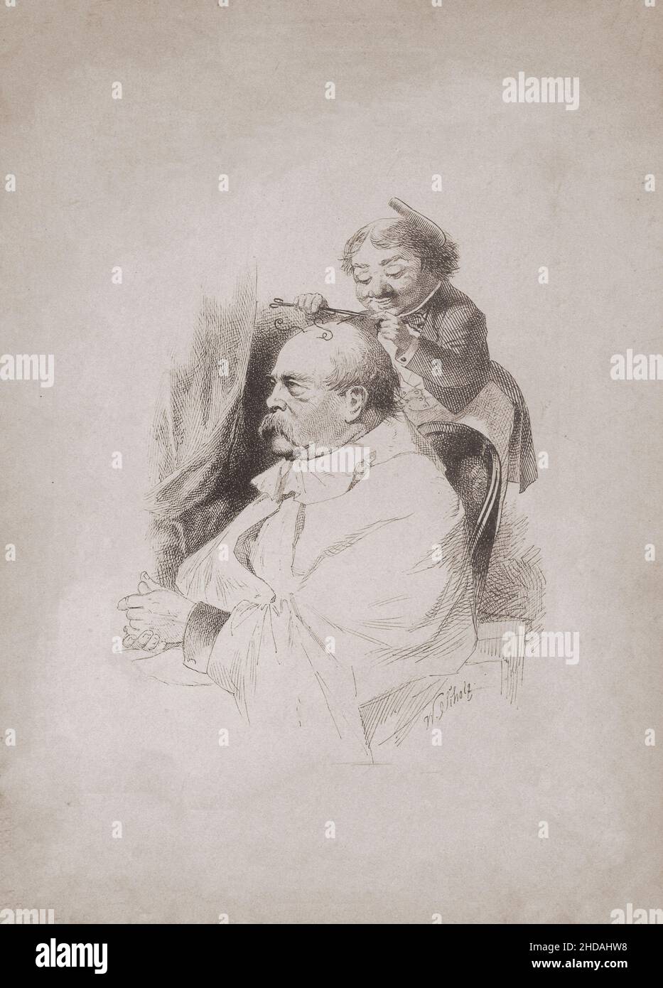 Deutscher humorvoller Stich: Otto von Bismarck beim Friseur. 1890 Stockfoto
