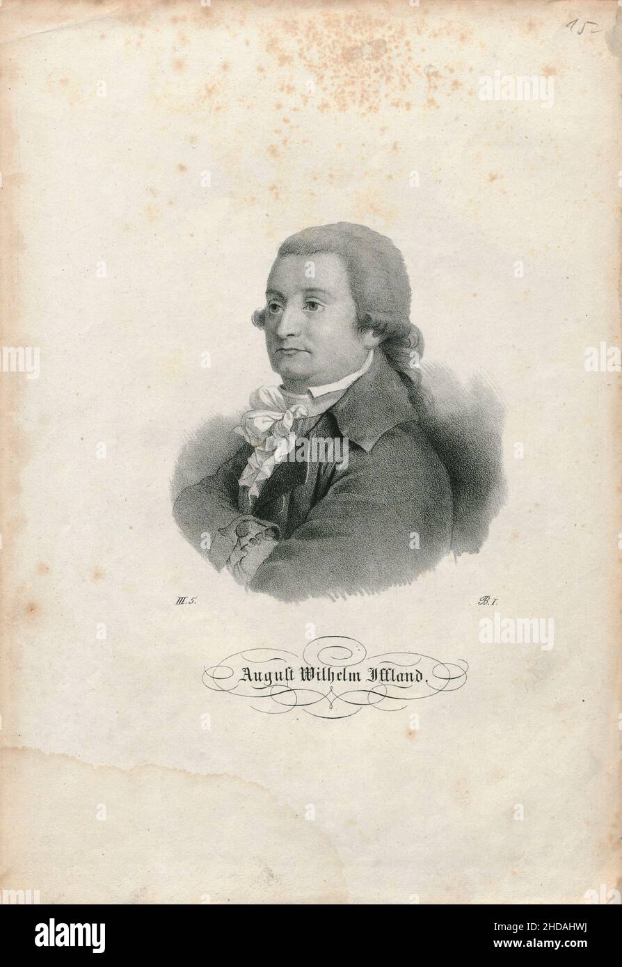 Gravurporträt von August Wilhelm Iffland. 1840 August Wilhelm Iffland (1759 – 1814) war ein deutscher Schauspieler und Dramaturgie. Stockfoto
