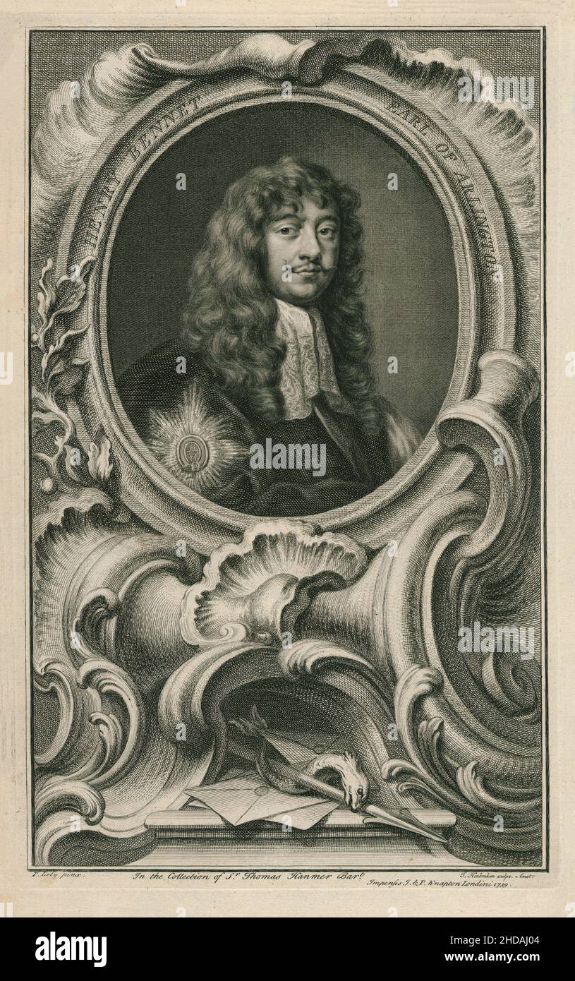 Stich von Henry Bennett Earl of Arlington. 1739 Henry Bennett, 1st Earl of Arlington, KG, PC (1618 – 1685) war ein englischer Staatsmann. Stockfoto