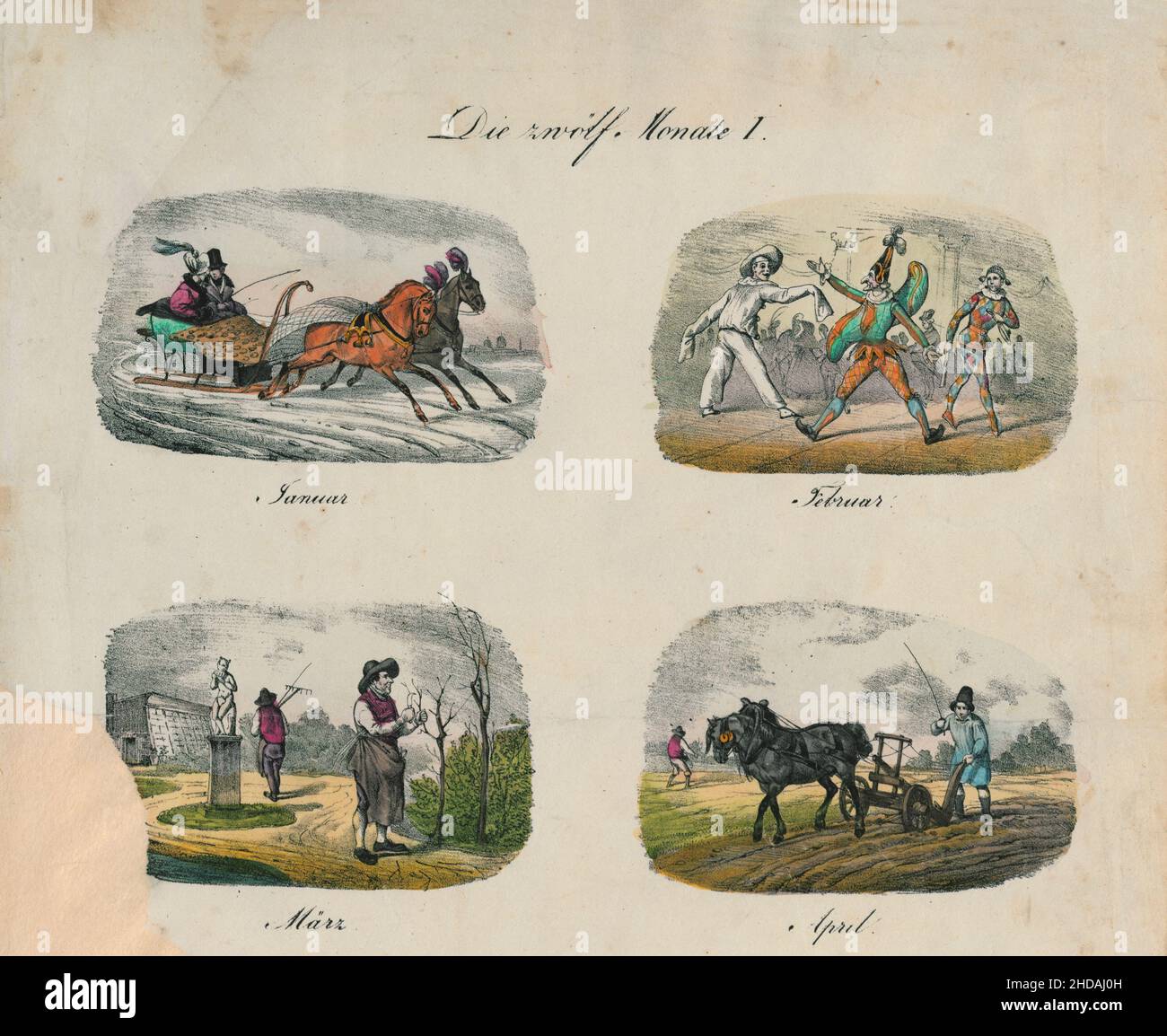 Vintage-Zeichnungen aus der Serie 'die zwölf Monate', 1825. Januar; Februar; März; April mit Szenen aus dem 19th. Jahrhundert Stockfoto