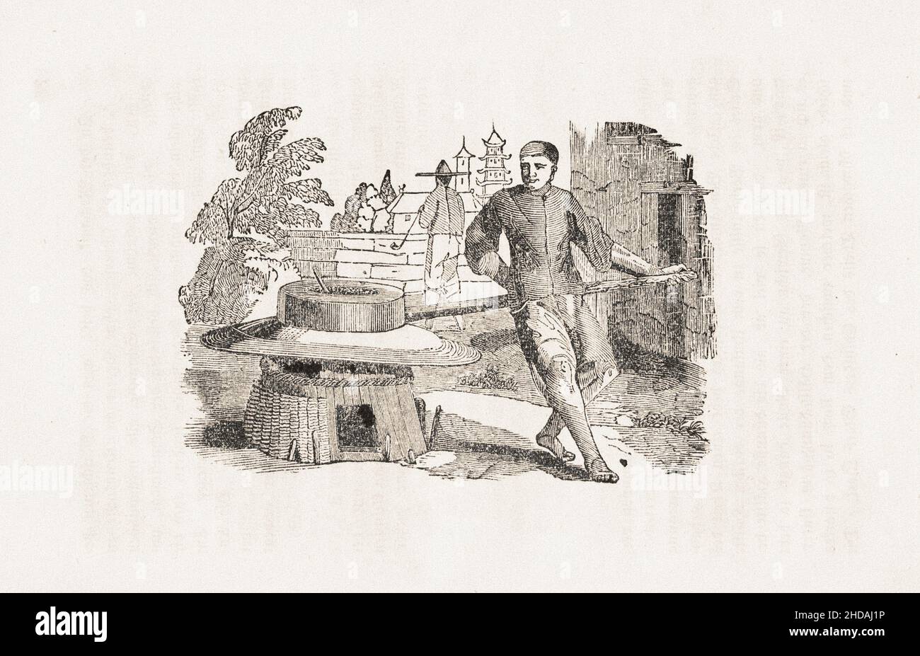 Gravur von China des 19th. Jahrhunderts: Reismühle. 1843 Stockfoto