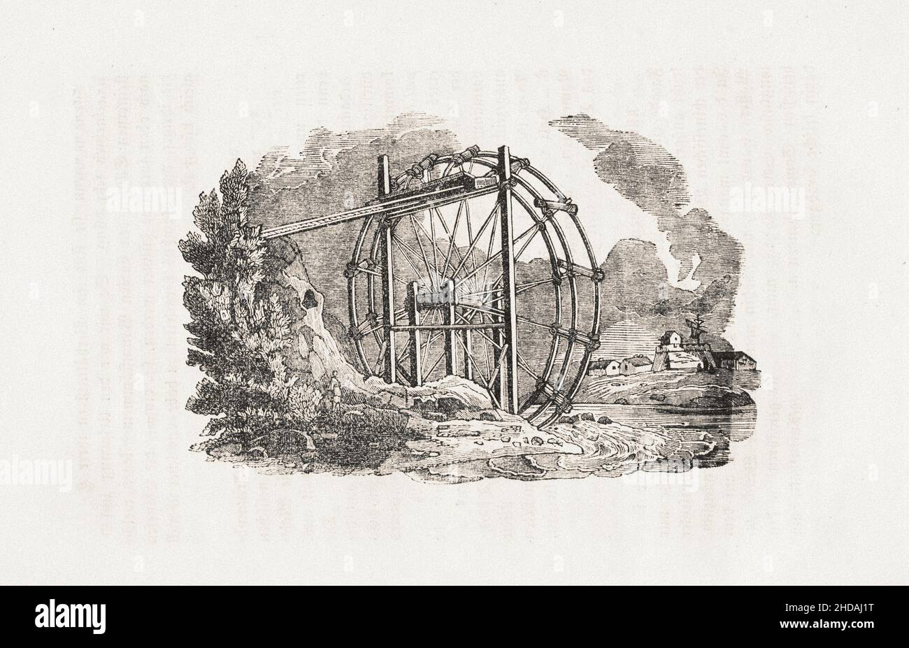 Gravur von China des 19th. Jahrhunderts: Bewässerungsrad aus Bambus. 1843 Stockfoto