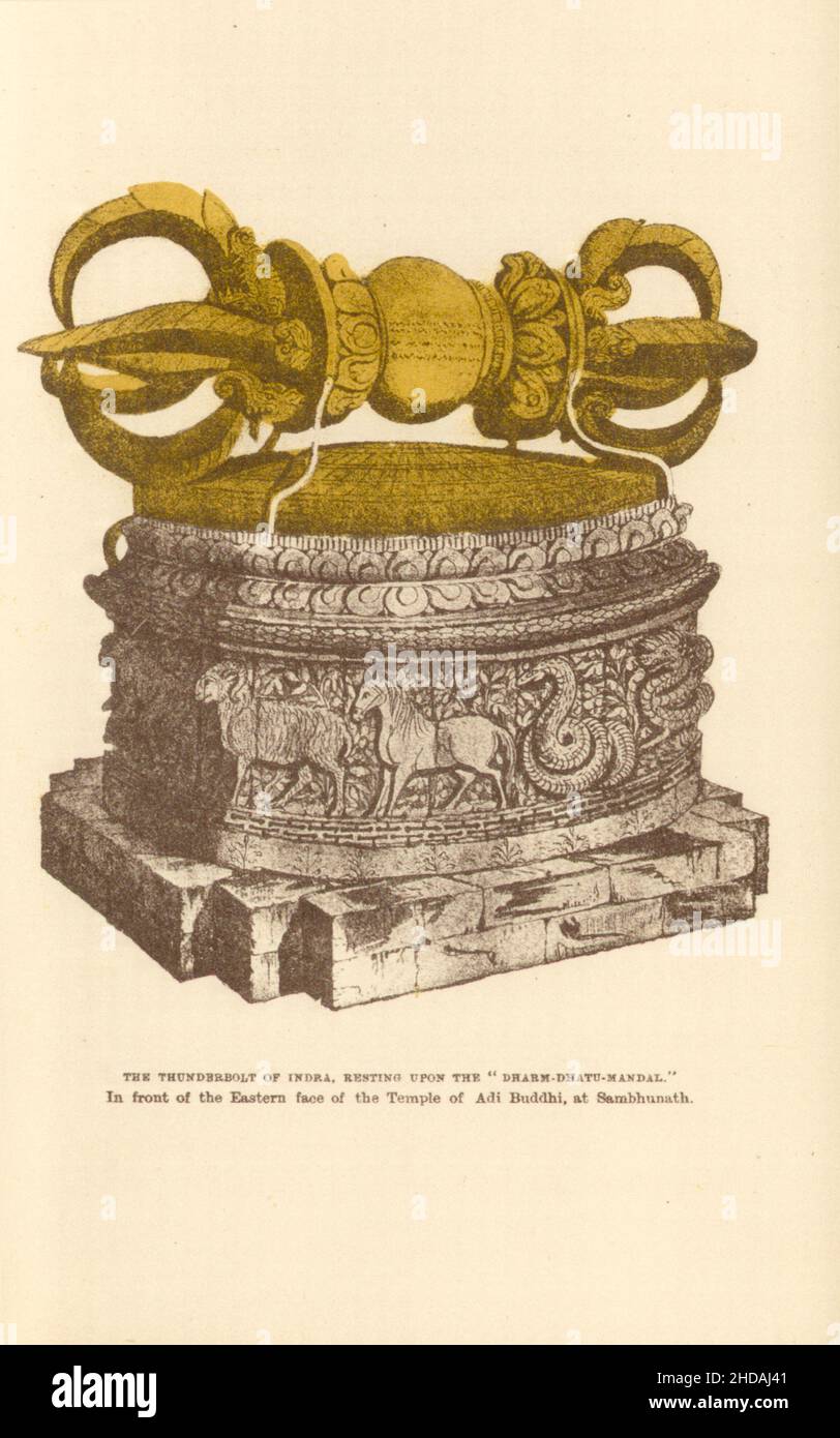 Antike Lithographie aus Nepal des 19th. Jahrhunderts: Der Thunderbolt von Indra, der auf dem 'Dharm-Dhatu-Mandal' ruht. Vor der Ostwand des Tempels Stockfoto
