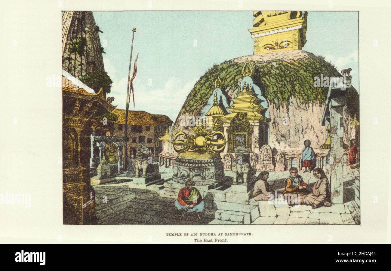 Antike Lithographie von 19th Jahrhundert Nepal: Tempel des Adi Buddha in Sambhunath. Die Ostfront. 1880 Stockfoto