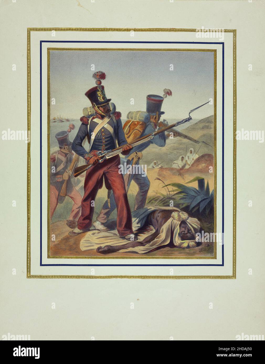 Vintage-Farblithographie: Französische Eroberung Algeriens im Jahr 1830 1837, von Jacques-Francois Llanta (1807-1864) Stockfoto
