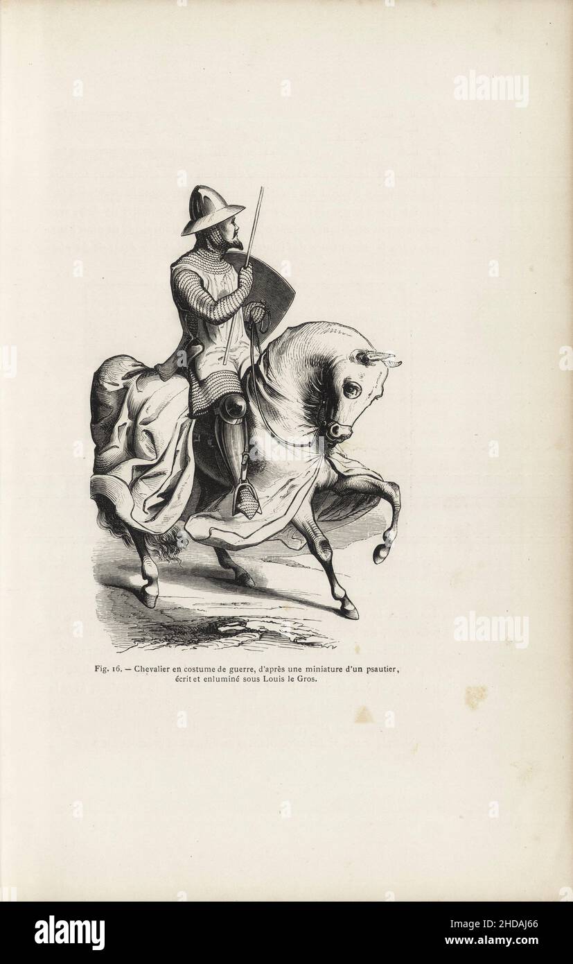 Die Gravur des berittenen Ritters aus dem 19th. Jahrhundert in Kriegskostüm (voller Rüstung), nach einer Miniatur eines Psalter, geschrieben und beleuchtet unter Ludwig dem Fett Stockfoto
