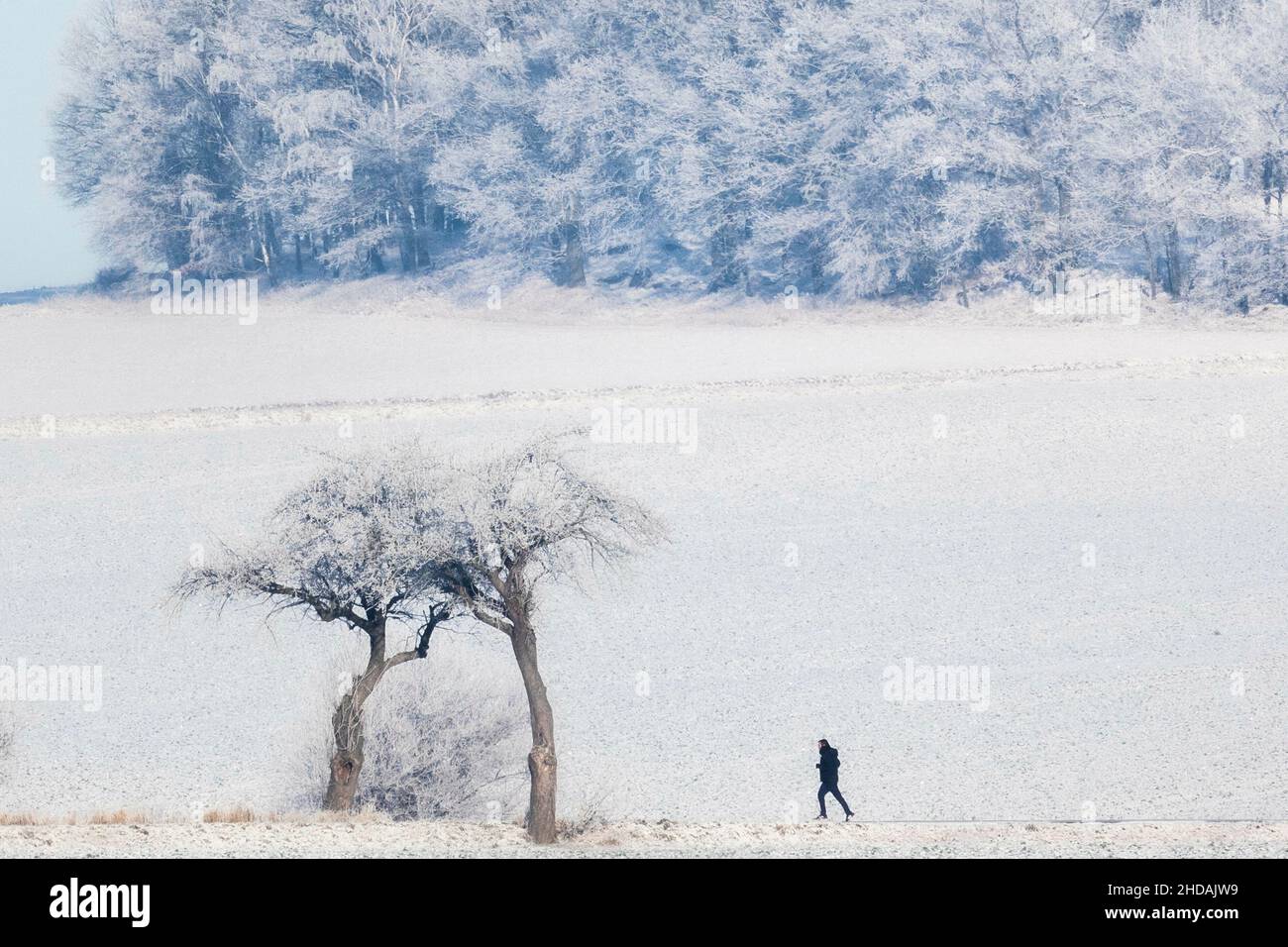 Königshain, Deutschland. 26th Dez 2021. Ein Mann joggt in einer Winterlandschaft in Koenigshain, 26th. Dezember 2021. Copyright: Florian Gaertner/photothek.de Credit: dpa/Alamy Live News Stockfoto