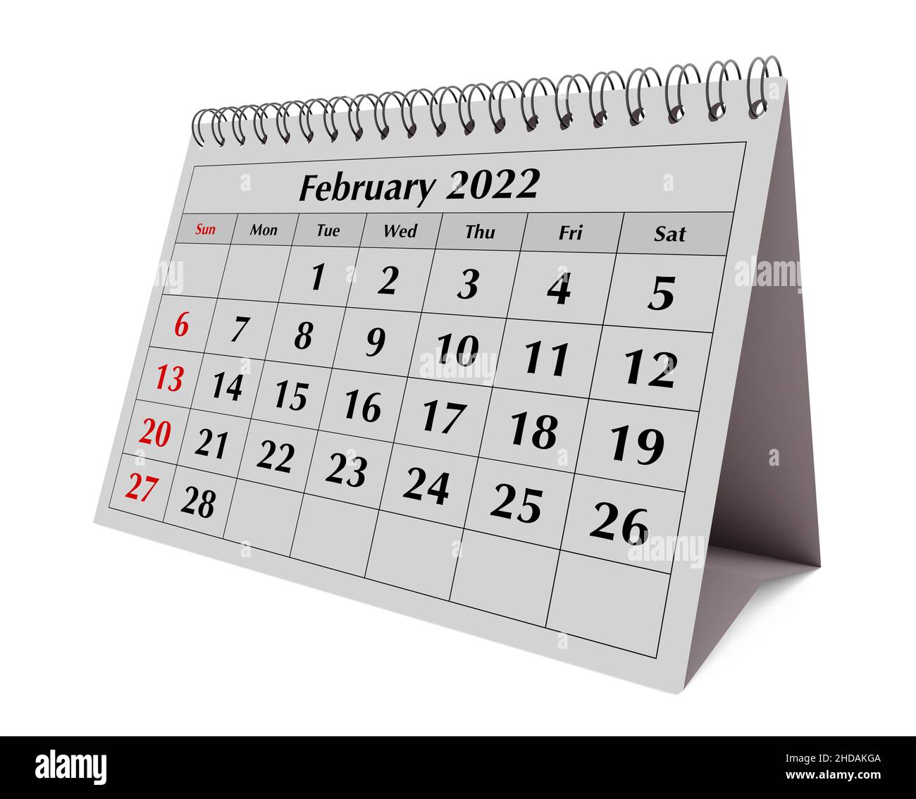 Eine Seite des monatlichen Jahreskalenders. Datum - Monat Februar 2022. 3D Rendern Stockfoto