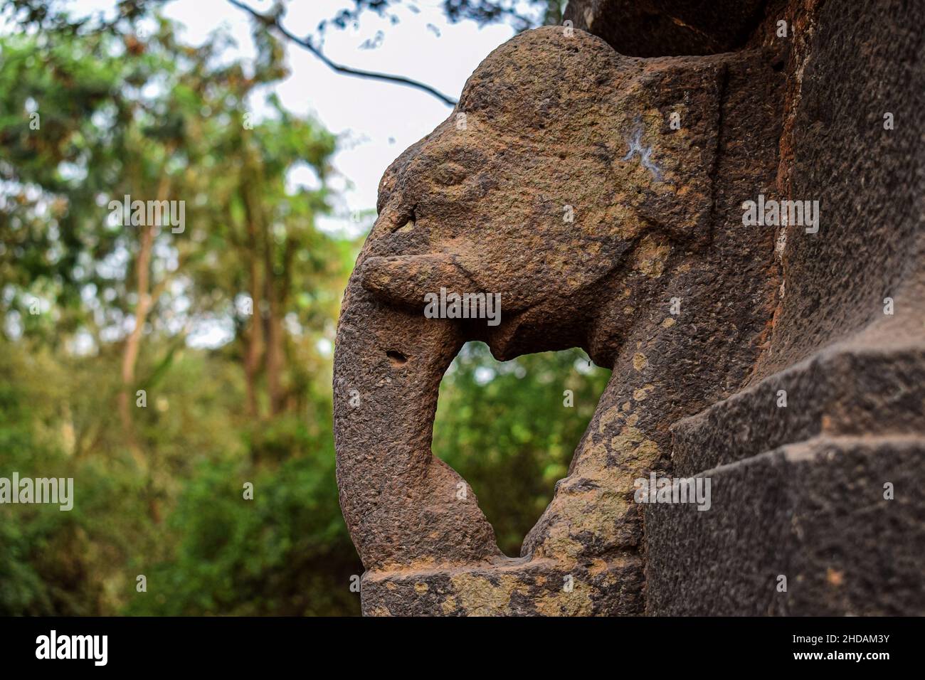 Stock Foto von alten geschnitzten Elefantenstatue oder Elefantenskulptur in alten hindu-Tempel in Kolhapur Maharashtra Indien.Tiere in den Wänden eines geschnitzten Stockfoto