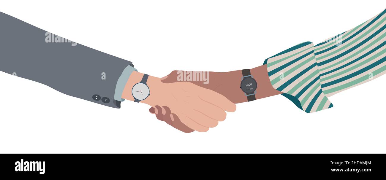 Nahaufnahme eines Handshakes zwischen zwei Geschäfts- oder Finanzleuten. Begrüßung zwischen Geschäftsleuten. Konzept der Zusammenarbeit Vertrauen Deal Meeting Erfolg. Team Stock Vektor