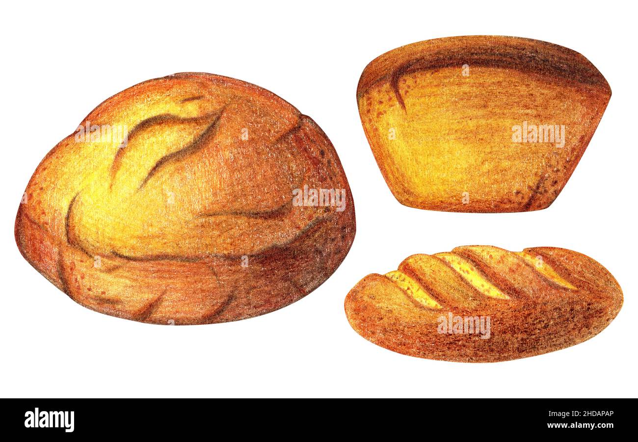 Aquarell Brot Set Abbildung. Verschiedene Brotsorten. Täglich frische Bio-Backwaren, Brotlaib, Baguette. Vintage-Set, isoliert. Für Menü, Karte, Poster, Banner Stockfoto