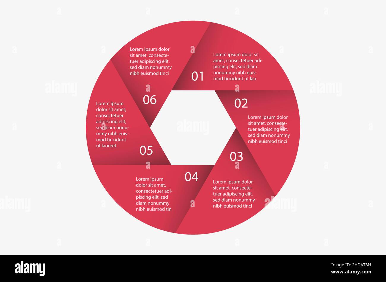 Infografik in Form einer Öffnung in sechs Schritten mit Text. Stock Vektor