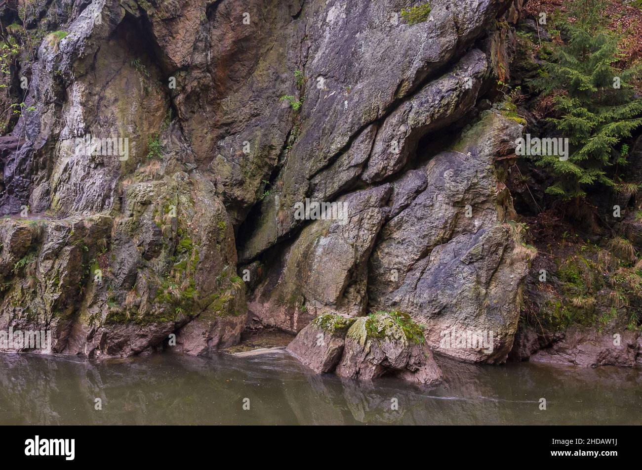 Felsen am Ufer des Flusses Jizera neben dem Rieger Trail außerhalb von Bitouchov, Böhmisches Paradies (Cesky Raj), Stredocesky kraj, Tschechische Republik. Stockfoto