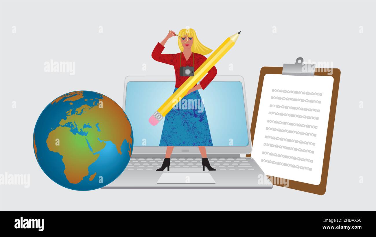 Frau mit Kamera, Bleistift, goldener Lupe, Laptop, Notizbuch und Planet Erde. Vektorgrafik. Dimension 16:9. Stock Vektor